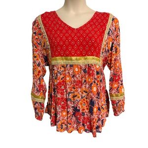 Cynthia Rowley Patchwork Tunic Blouse ~2X~Red Prints Ribbon Detail Tie Back BOHO